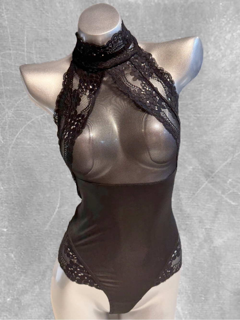 Black lace mesh bodysuit one piece lingerie layer backless halter daring sexy